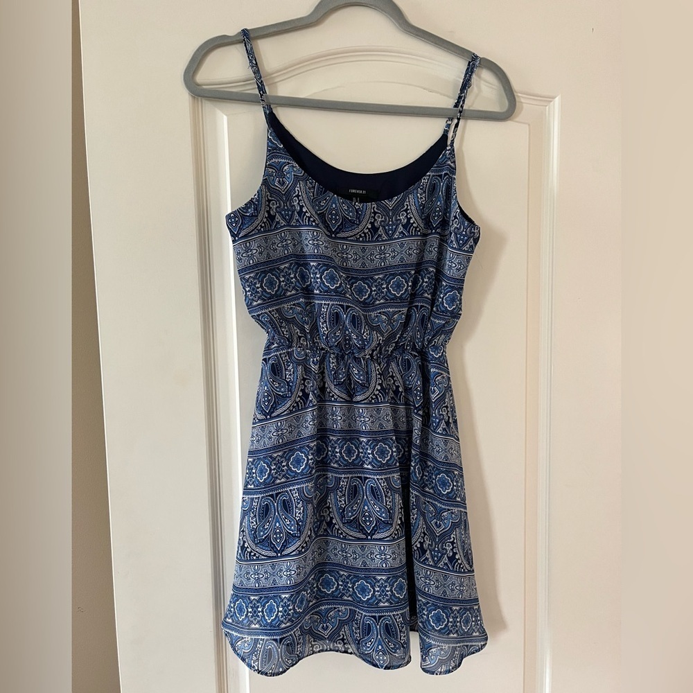 Forever 21 Mixed Blue Pattern Mini Dress with spaghetti straps Women’s size S - Picture 6 of 11